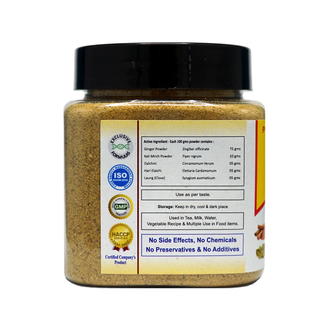 Chai Masala 4 oz Tea Chai Spices contains five spice powders, Premium Tea Masala Spices, Zingiber officinale, Piper Nigrum, Cinnamomum Verum, Elettaria Cardamomum, Syzygium aromaticum