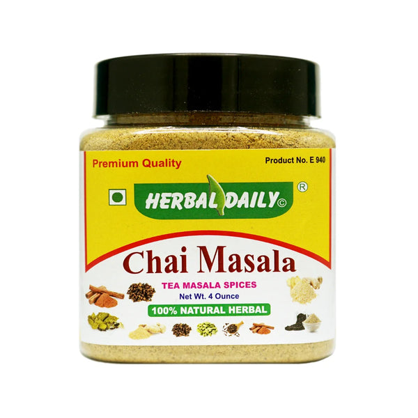 Chai Masala 4 oz Tea Chai Spices contains five spice powders, Premium Tea Masala Spices, Ginger Powder, Kali Mirch powder Black piper or allspice, Dalchini cinnamon, Hari Elaichi Cinnamon Green Cardamom,