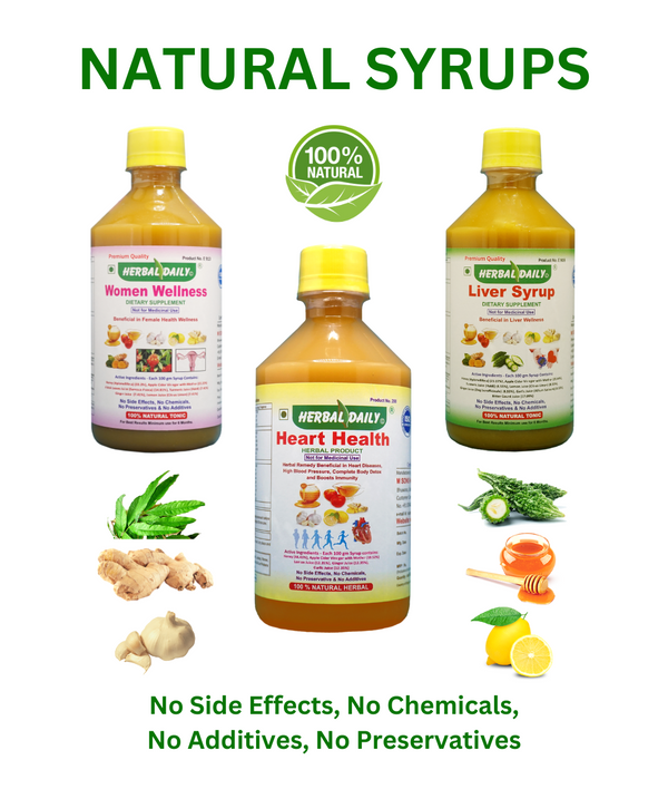 Herbal Daily natural syrup collection made using garlic ginger lewmon honey acv karela turmeric bitterguard ashoka aloevera rose