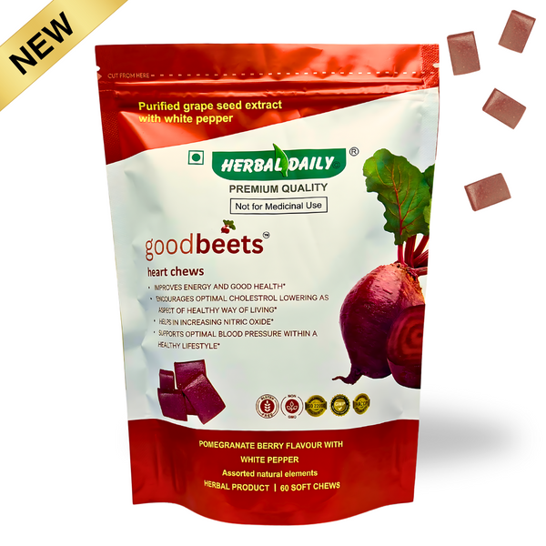 GoodBeets Heart Chews | Increase Nitric Oxide Levels, Supports Healthy Blood pressure | Grape Seed Extract and Beet Powder White pepper (Pomegranate Berry Flavor with white pepper, 60 Count, 1 Pack)