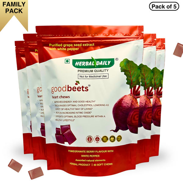 GoodBeets Heart Chews | Increase Nitric Oxide Levels, Supports Healthy Blood pressure | Grape Seed Extract and Beet Powder White pepper (Pomegranate Berry Flavor with white pepper, 60 Count, 5 Pack)