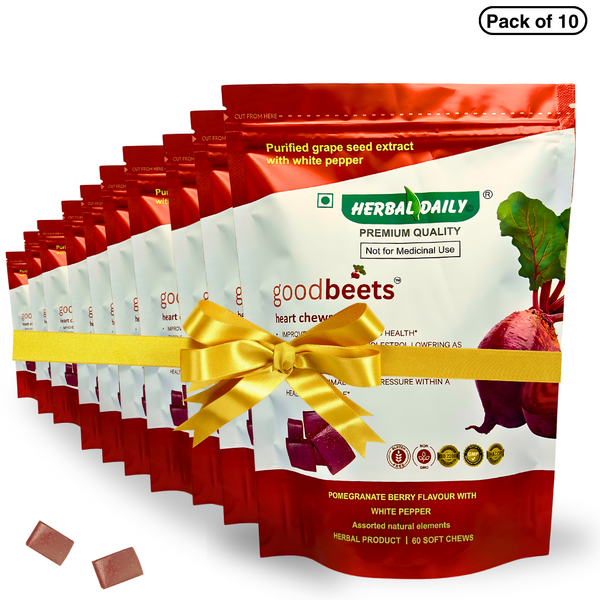 GoodBeets Heart Chews | Increase Nitric Oxide Levels, Supports Healthy Blood pressure | Grape Seed Extract and Beet Powder White pepper (Pomegranate Berry Flavor with white pepper, 60 Count, 10 Pack)