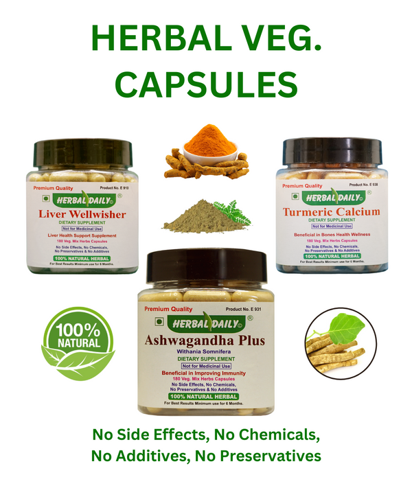 dadiherbs presents herbal daily ashwagandha withania somnifera capsule, turmeric calcium capsule, liver detox and liver cleanse capsules