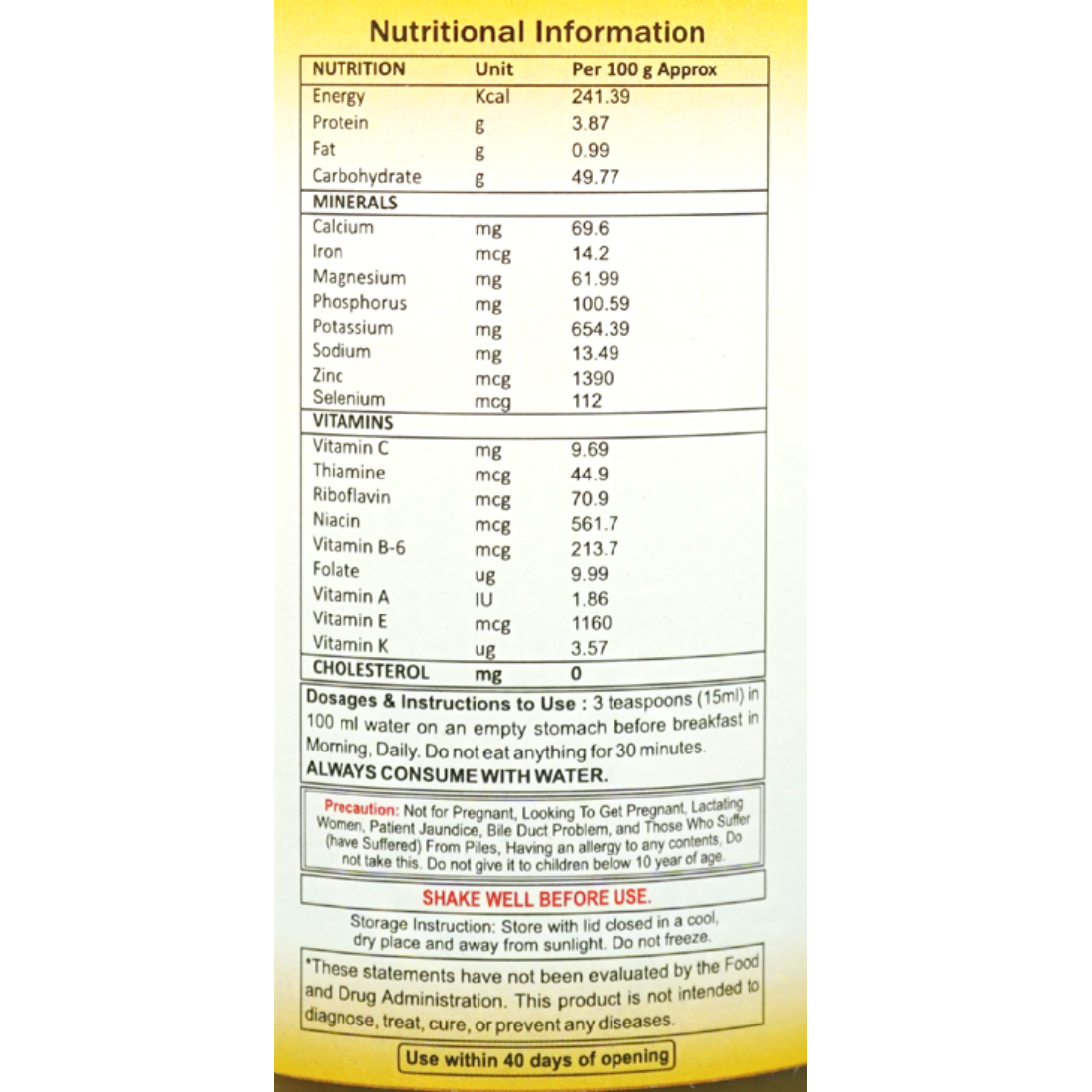 Dadi herbs presents Turmeric Haldi Syrup Nutritional information