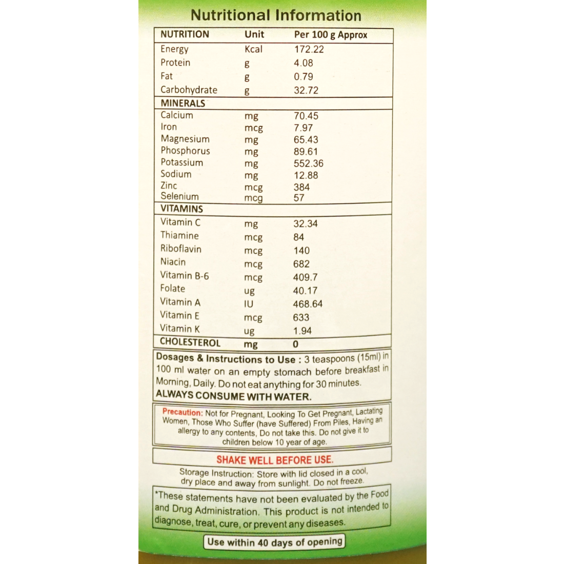 Liver Syrup contents and nutrition